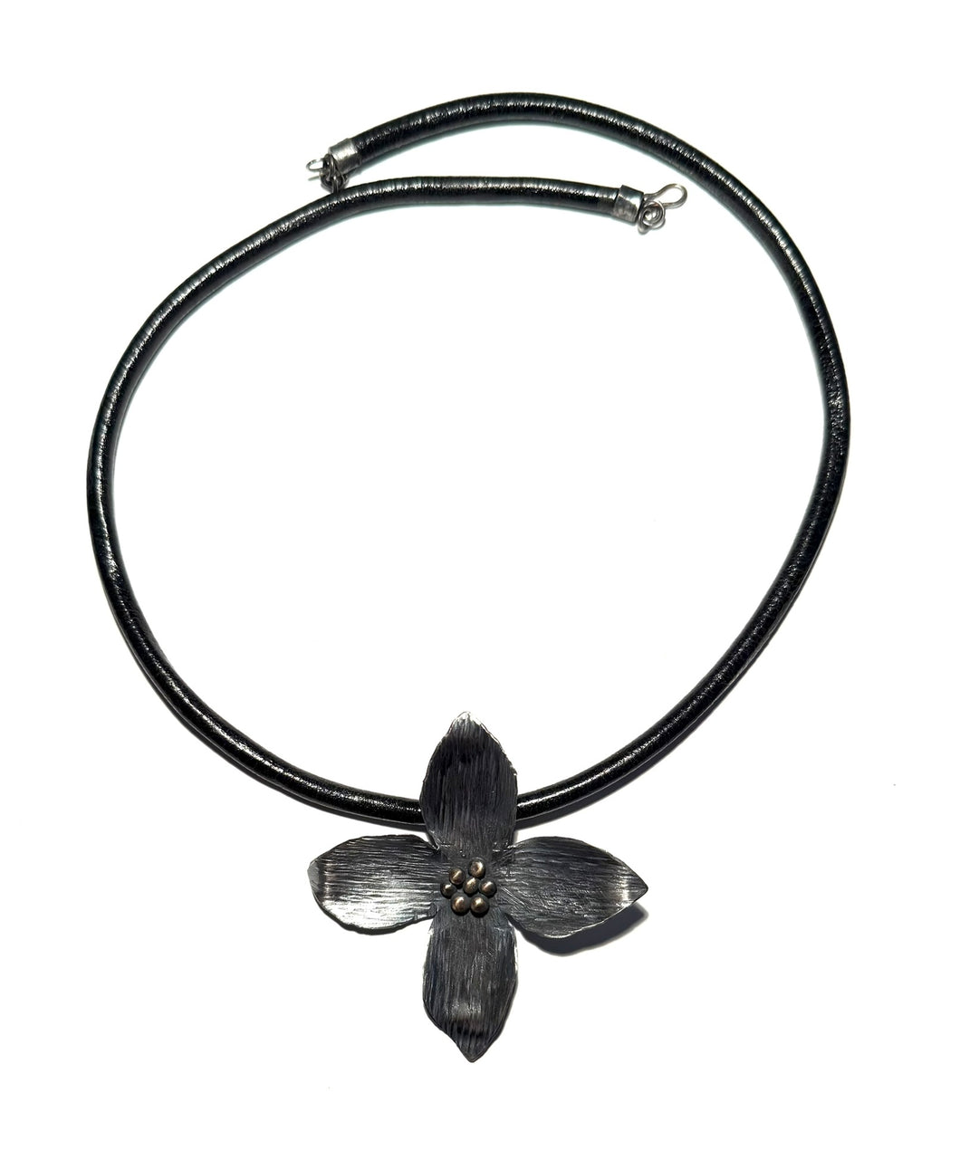 Sterling Silver Flower Pendant on Leather Cord Necklace