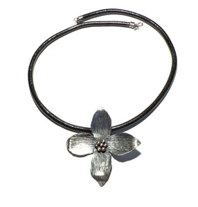 Sterling Silver Flower Pendant on Leather Cord Necklace