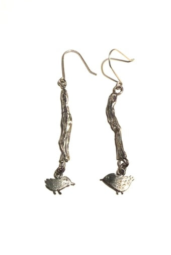 Sterling Silver Twig & Bird Earrings