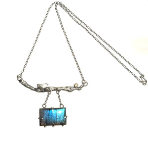 Sterling Silver Twig & Bird Necklace with Labradorite and Citrine