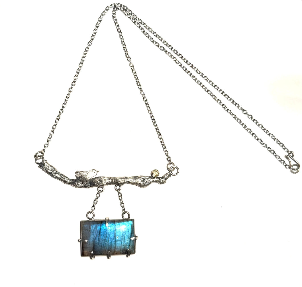 Sterling Silver Twig & Bird Necklace with Labradorite and Citrine