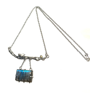 Sterling Silver Twig & Bird Necklace with Labradorite and Citrine