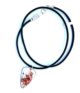 Pink Floral Enamel and Leather Necklace