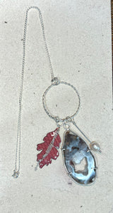 Agate, Freshwater Pearl and Enameled Leaf Necklace