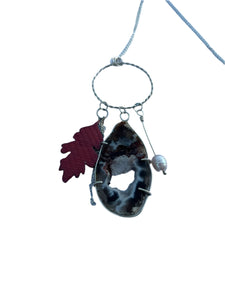 Agate, Freshwater Pearl and Enameled Leaf Necklace