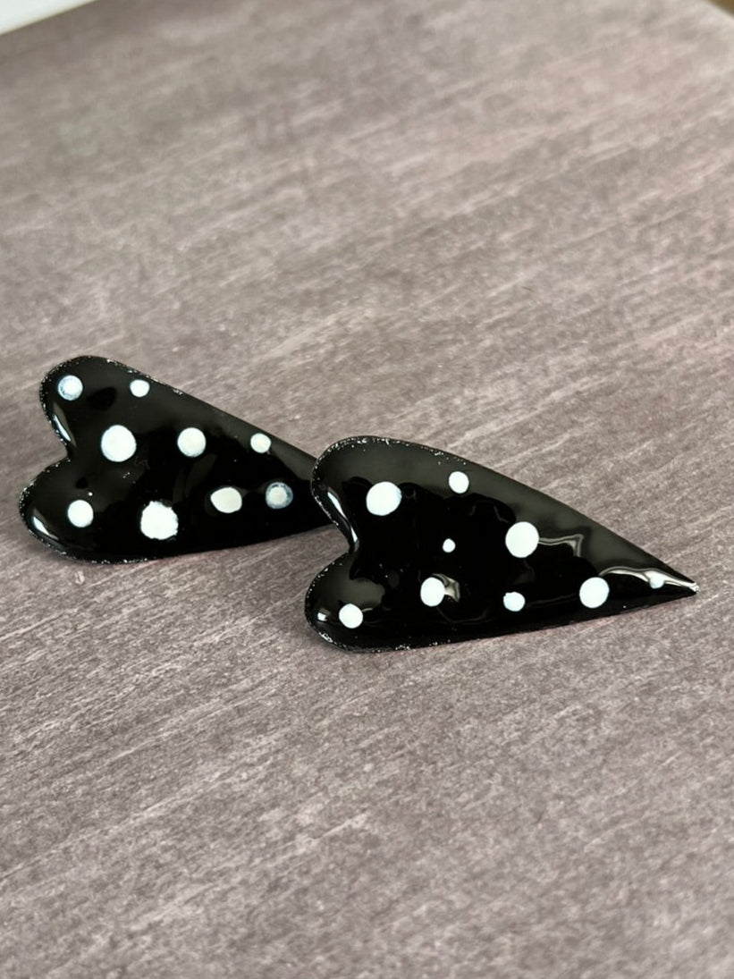 Black and White Polka Dot Heart Enamel Earrings