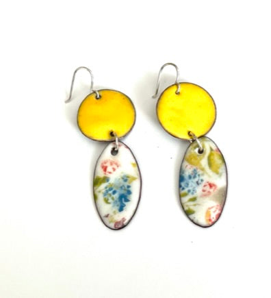 Yellow Disk and Oval Floral Enameled Earrings