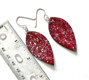Red Speckled Leaf Shape Enameled Earrings